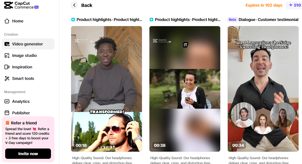 Pippit showcasing product highlights, customer testimonials, and mobile ads for noise-canceling headphones.